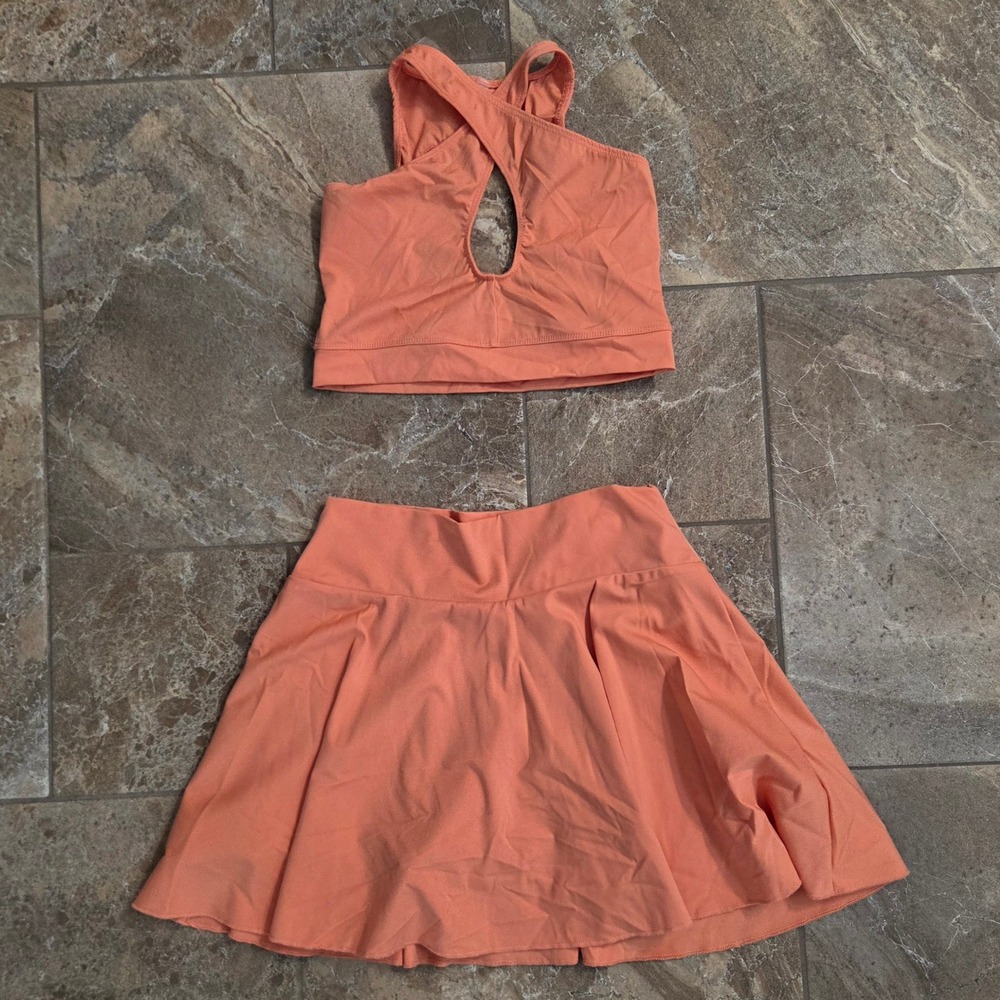 Halfheart Coral Orange Activewear Set Keyhole Crop Top and Athletic Skirt Small